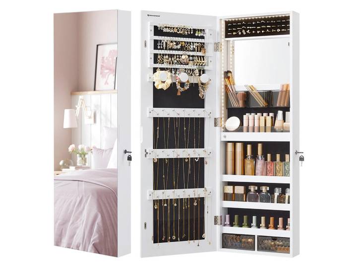 Schmuckschrank, Weiß, Glas, 5 Fächer, 2 Schublade(n) Schubladen, 37.5x108x9.7 cm, hängend, Beleuchtung, Kleinmöbel, Schmuckkästchen & Schmuckschränke