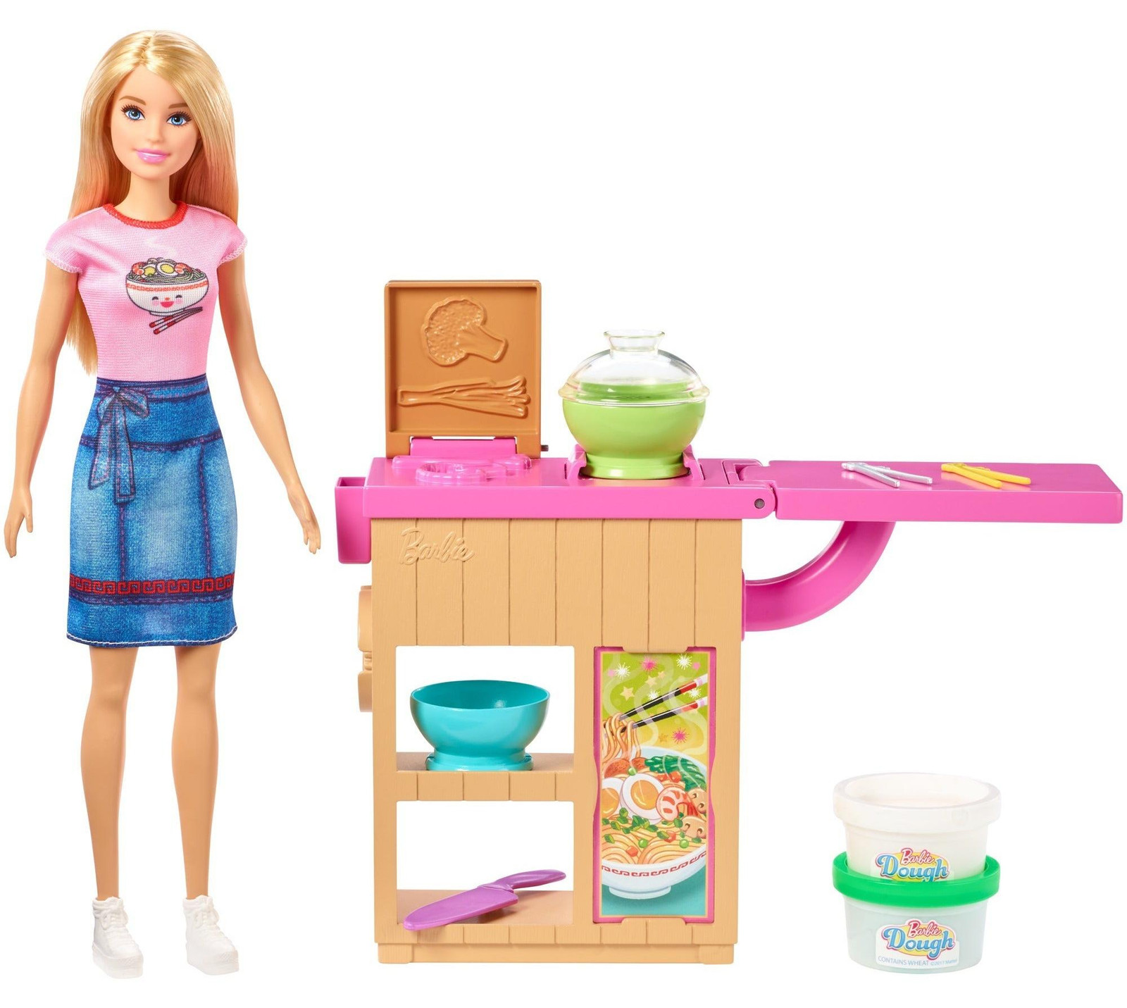 Barbie pasta-speelset met blonde aankleedpop en Barbie keuken met klei