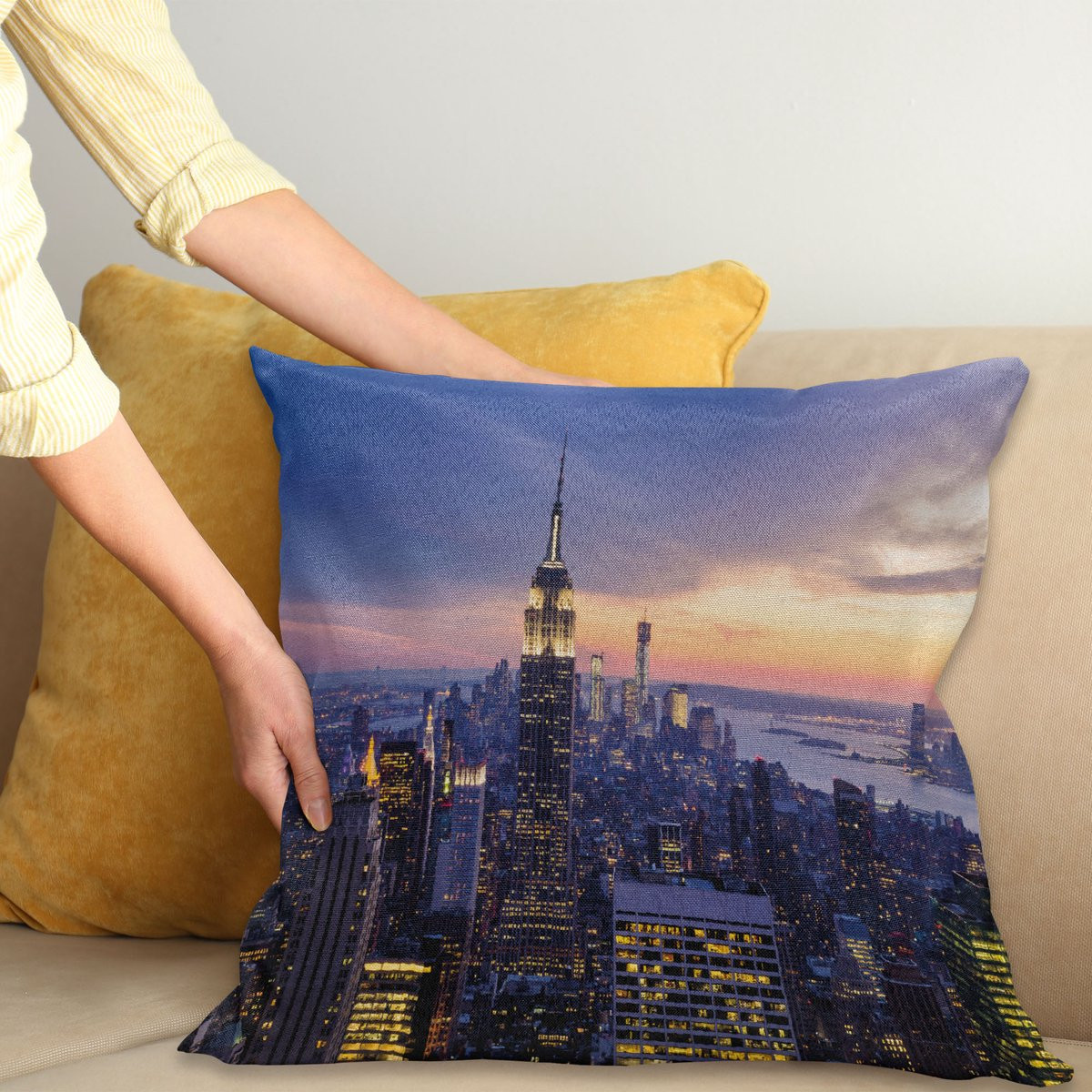 ABAKUHAUS Modern Sierkussenhoes New York Skyline Sunset, Blauw Oranje, 50 x 50 cm