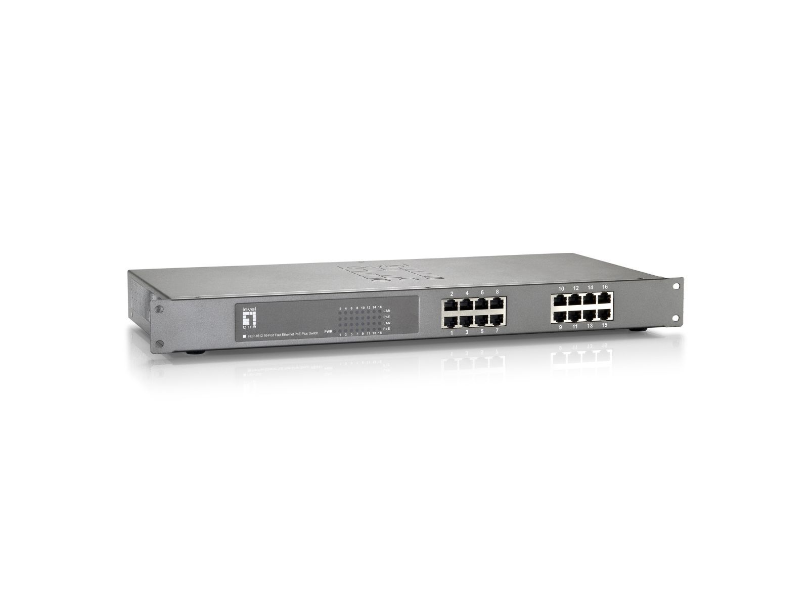 LevelOne 16-Port-Fast Ethernet-PoE-Switch, 480W, 802.3at PoE+, Unmanaged, Fast Ethernet (10/100), Vollduplex, Power over Ethernet (PoE), Rack-Einbau
