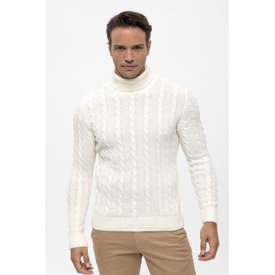 Rollkragenpullover FELIX HARDY "Rollkragenpullover mit Zopfmuster", Herren, Gr. M, ecru, 100% Baumwolle, hoch geschlossener Ausschnitt, Pullover Rollkragenpullover