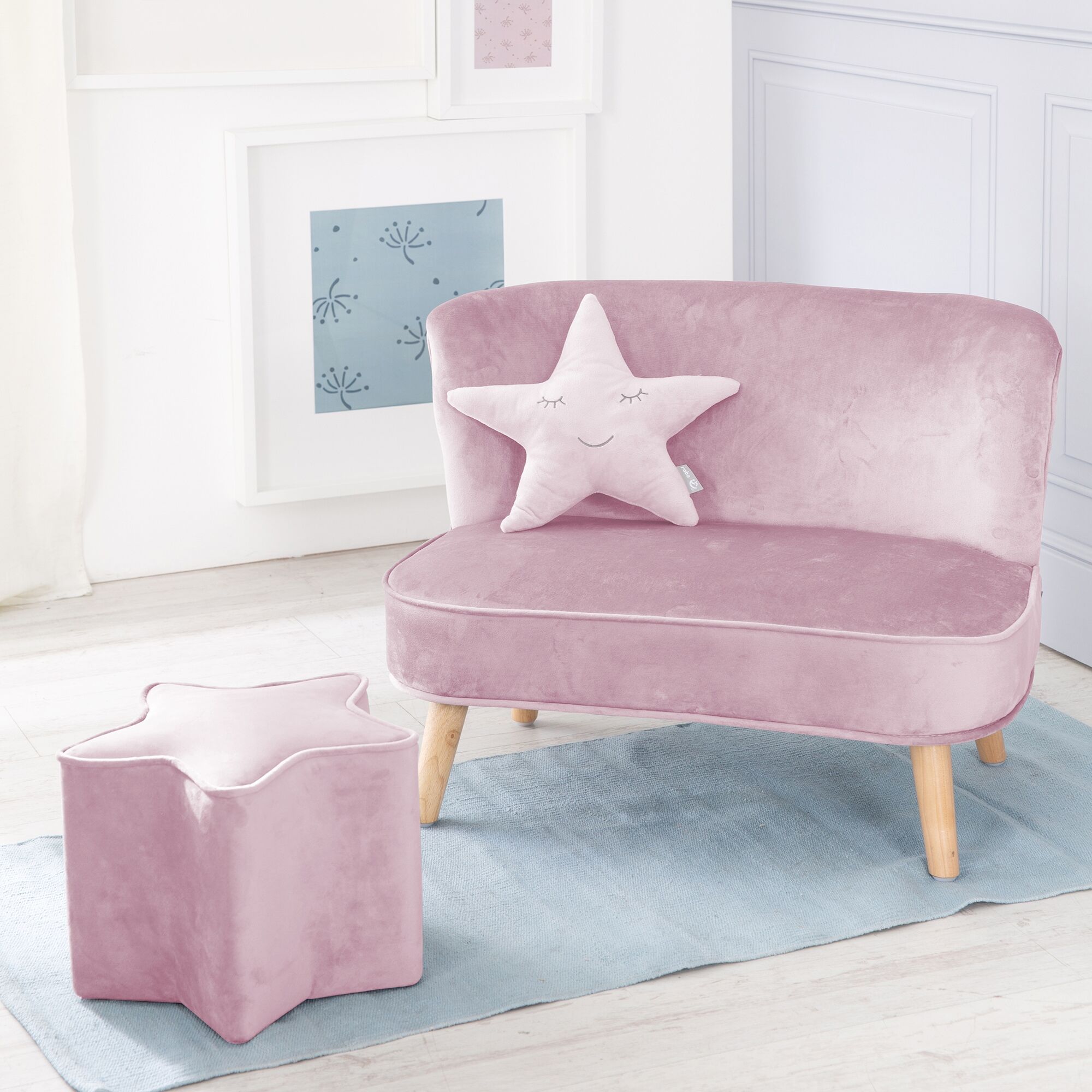 Kindersitzgruppe ROBA "Lil Sofa", bunt (rosa, mauve), Sitzmöbel-Sets, Baby, Samt, Kindersitzgruppe, bestehend aus Kindersofa, Kinderhocker und Dekokissen in Sternform