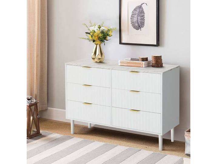 GOOBUY Commode 6 Tiroirs Plafond Couleur Marbré Meuble de Rangement 100 x 34 x 73cm Scandinave Blanc (Plafond Marbré)