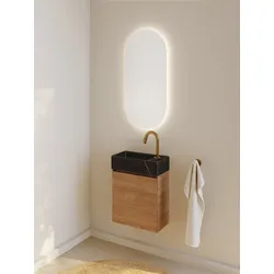 RIHO Spring Marble Tiny Wash-Set, Waschtisch mit Unterschrank, eine Tür, 1 Hahnloch links, 40x20x42cm, Marmor schwarz, F001577D06, Farbe: Caramel Oak Holzdekor