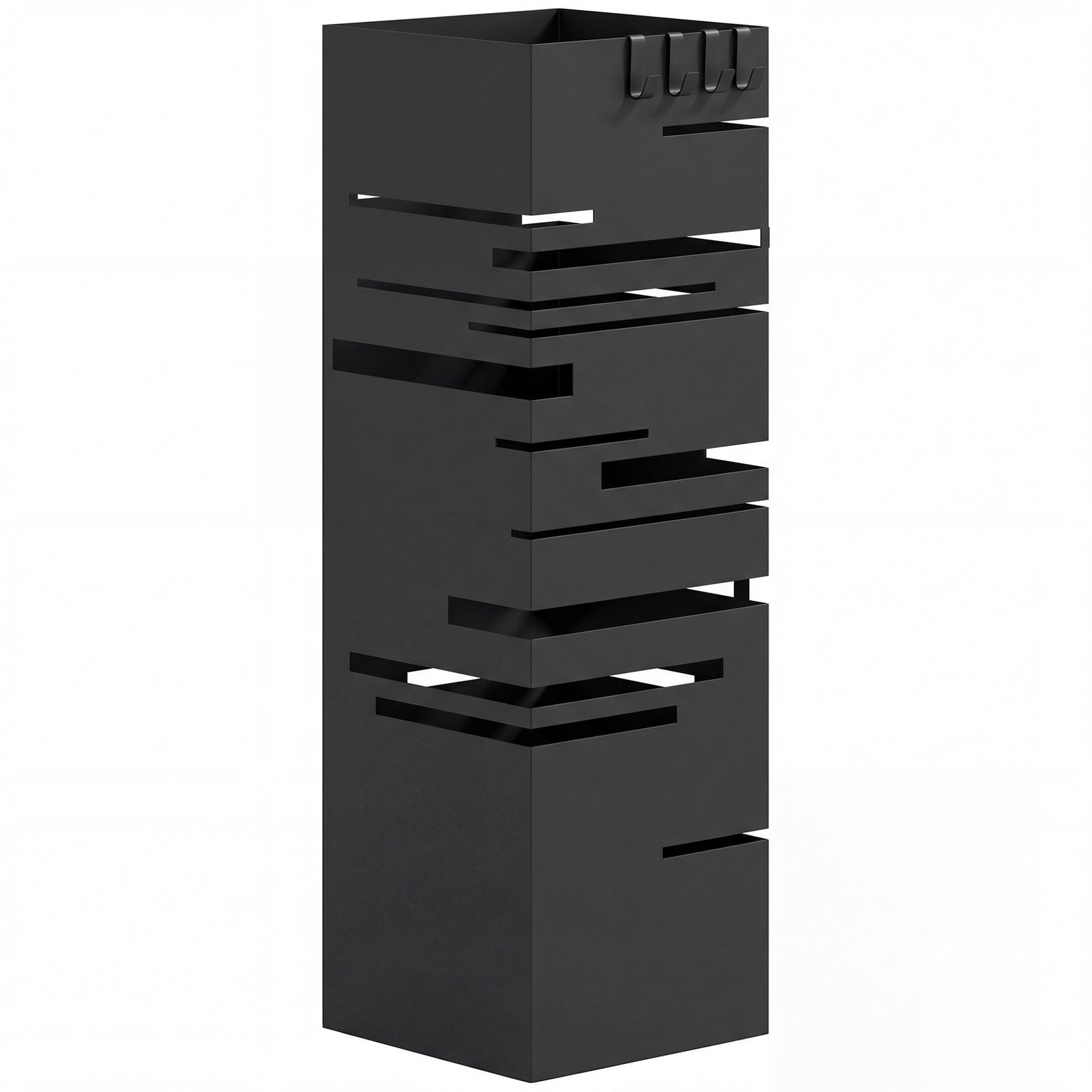 HOMCOM Metalen paraplubak met uitneembare opvangschaal en 4 haken, zwart, B: 15,5 cm, D: 15,5 cm, H: 49 cm