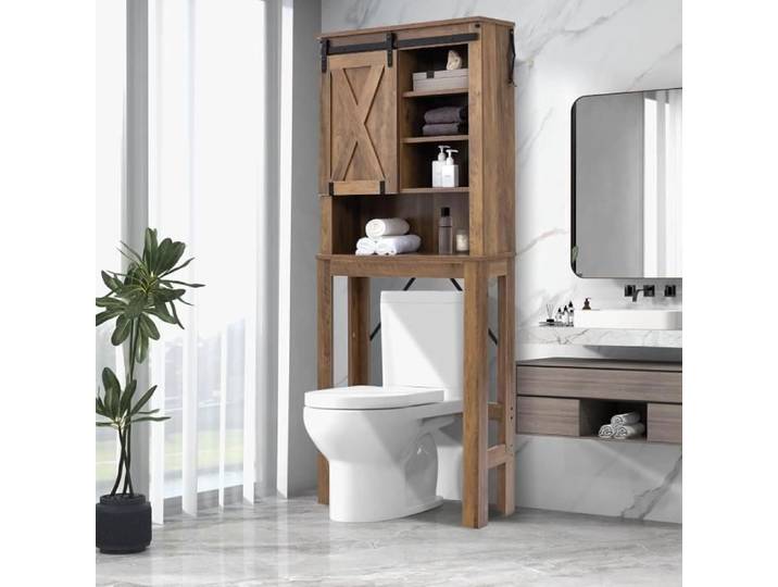 GIANTEX Meuble Dessus Toilettes WC- Colonne/Meuble Salle de Bain Industriel- Porte Coulissante- 4 Étagères Réglables- 67x25x172 cm