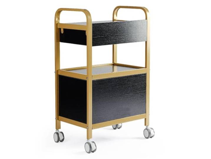 Calissimo Friseurwagen und Kosmetikwagen mit Schublade, universeller Arbeitswagen auf Rollen, Rollwagen für Friseursalon und Kosmetikstudio, Schwarz-Gold