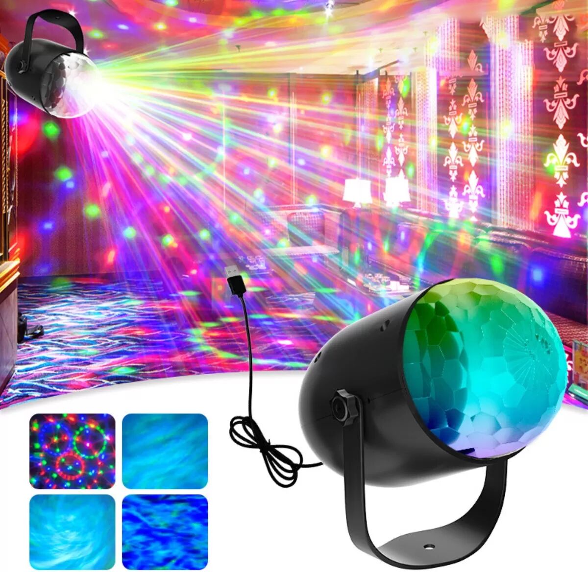 INF 4-in-1 Aurora Magic Ball Projektorlampe — USB aufladbar, selbstrotierend, 7-Farben Partylicht für KTV, Schlafzimmer und
