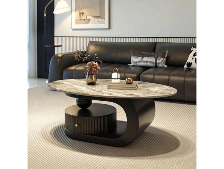 Couchtisch Oval Im Italienischen Luxus Design,Eleganter Ovaler Couchtisch mit Sinterstein Oberfläche und Schwarzem Carbonstahl Rahmen,mit Runder Schublade für Wohnzimmer C,130CM