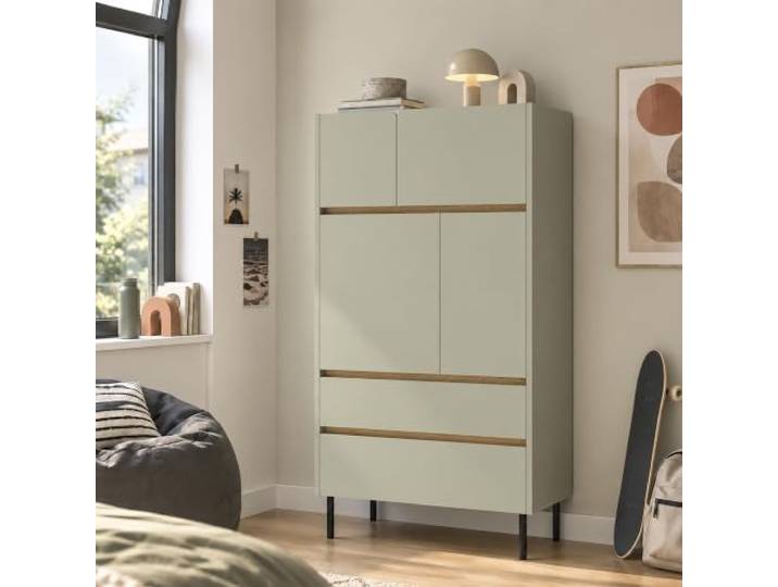 Lomadox Jugendzimmer Highboard 80 cm breit in Grün mit Eiche, Metallfüße, 4 Türen & 2 Schubladen