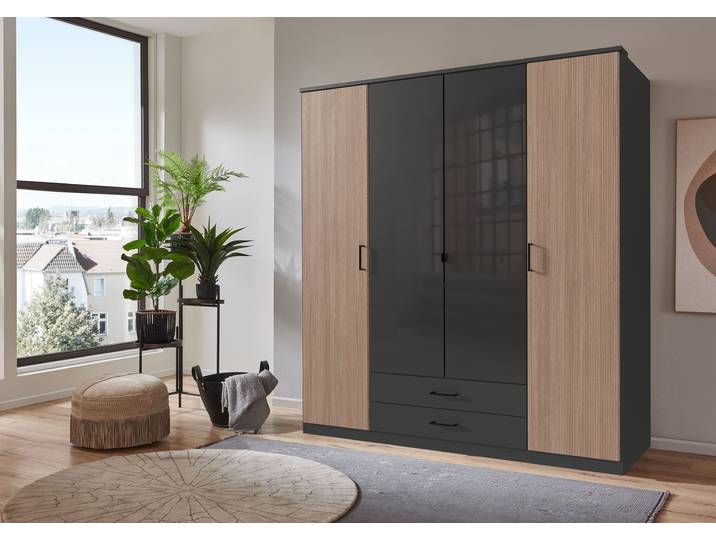 Drehtürenschrank Fulda 180cm Schwarz/Glas Grau