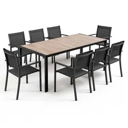 Oviala Business Set aus Gartentisch aus Aluminium in Holzoptik und 8 grauen Sesseln