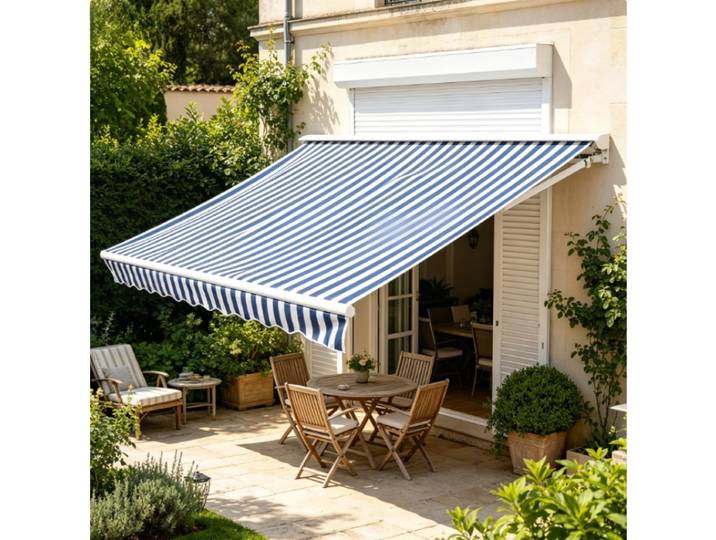 Toile de remplacement pour auvent bleu et blanc 3x2,5m en polyester anti-UV pour terrasse et jardin avec cantonnière (cadre non inclus)