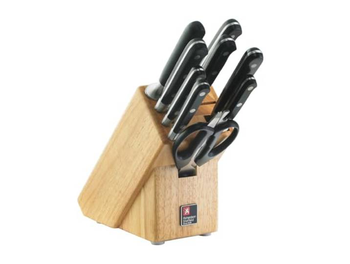 Richardson Sheffield V Sabatier Love Food - Bloc 9 couteaux de cuisine Bloc 9 pièces couteaux\, santoku\, ciseaux et fusil\, Lames 5Cr15MoV\, Manche ABS noir 3 rivets\, Bloc 22 x 19 x 10 cm