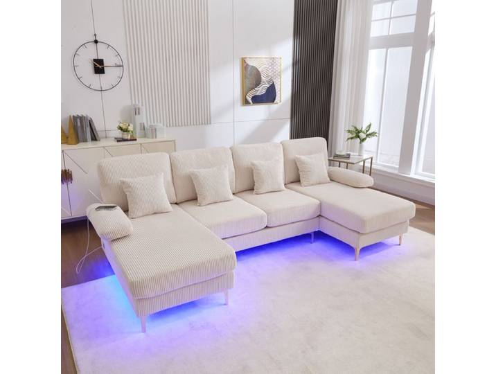Canapé Panoramique en U - LEMONBEST - Panoramique U - Velours côtelé beige - 4 places - LED & USB