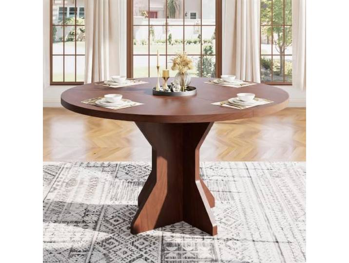 Crevyteg Runder Esstisch Für 2–4 Personen, ø 120 cm Esszimmertisch Holz Moderner Küchentisch mit MDF-Tischplatte, Stabiler Säulenfuß, Platzsparend für Esszimmer Küche Wohnung,Braun