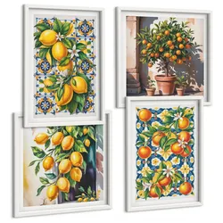 BILDER SET 4er Set - 50x50 cm & 40x60 cm Weißer Rahmen - Farbenfrohe abstrakte Zitrusfrüchte