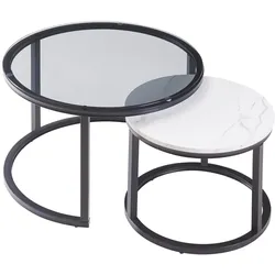 En.Casa, Couchtisch + Beistelltisch, Couchtisch 2er Set Kokkola Rauchglas/Marmoroptik, weiss (50 x 42.50 cm)
