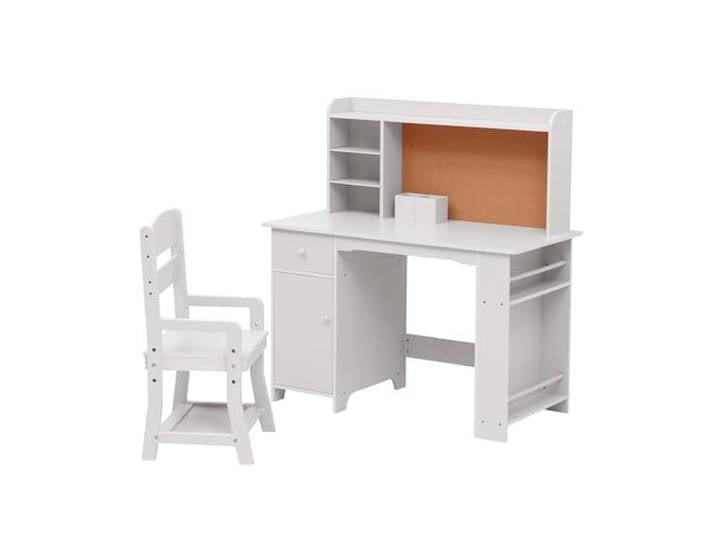 GarveeMore Kinderschreibtisch Mit Stuhl Set, Multifunktionaler Kinderlerntisch Mit Regal & Schublade & Pinnwand, Schreibtisch Kinder Mit Ergonomischer Hocker Jugendschreibtisch Für Kinder Ab 3 Jahren