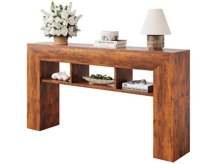 Table Console 160 cm Console Meuble avec étagères de rangement table étroite en aspect bois pour vestibule couloir brun clair