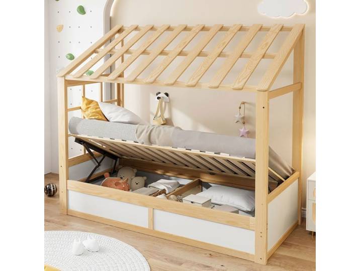 Lit Cabane - WESTYLE - Lit Cabane Enfant 90x200 - Coffre hydraulique - Étagères latérales - Bois blanc et naturel