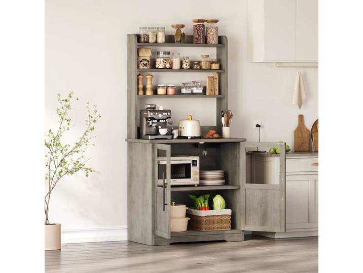 Étagère boulangerie style ferme station charge armoire portes vitrées support micro ondes bois cuisine gris