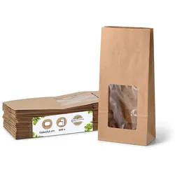 BIOZOYG 500 Stück Standbodenbeutel 11 x 6 x 23,5 cm, Größe M, Papierbeutel, Bodenbeutel, Papiersäckchen, biologisch abbaubar mit Fenster aus PLA
