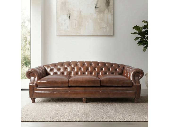 Canapé Chesterfield en cuir véritable marron 3 places - Harold