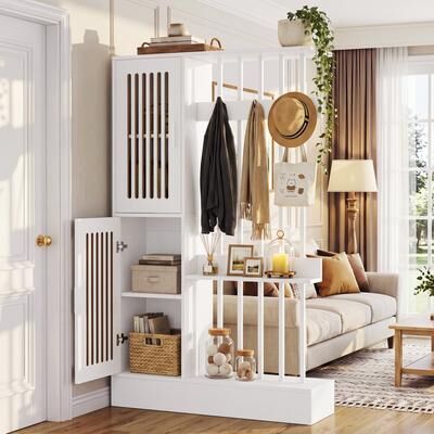 YUZHOU "Room Divider with Storage Shelves, 71"" Entryway Coat Rack with Cabinet - 39.37""W × 11.81""D × 70.87""H"