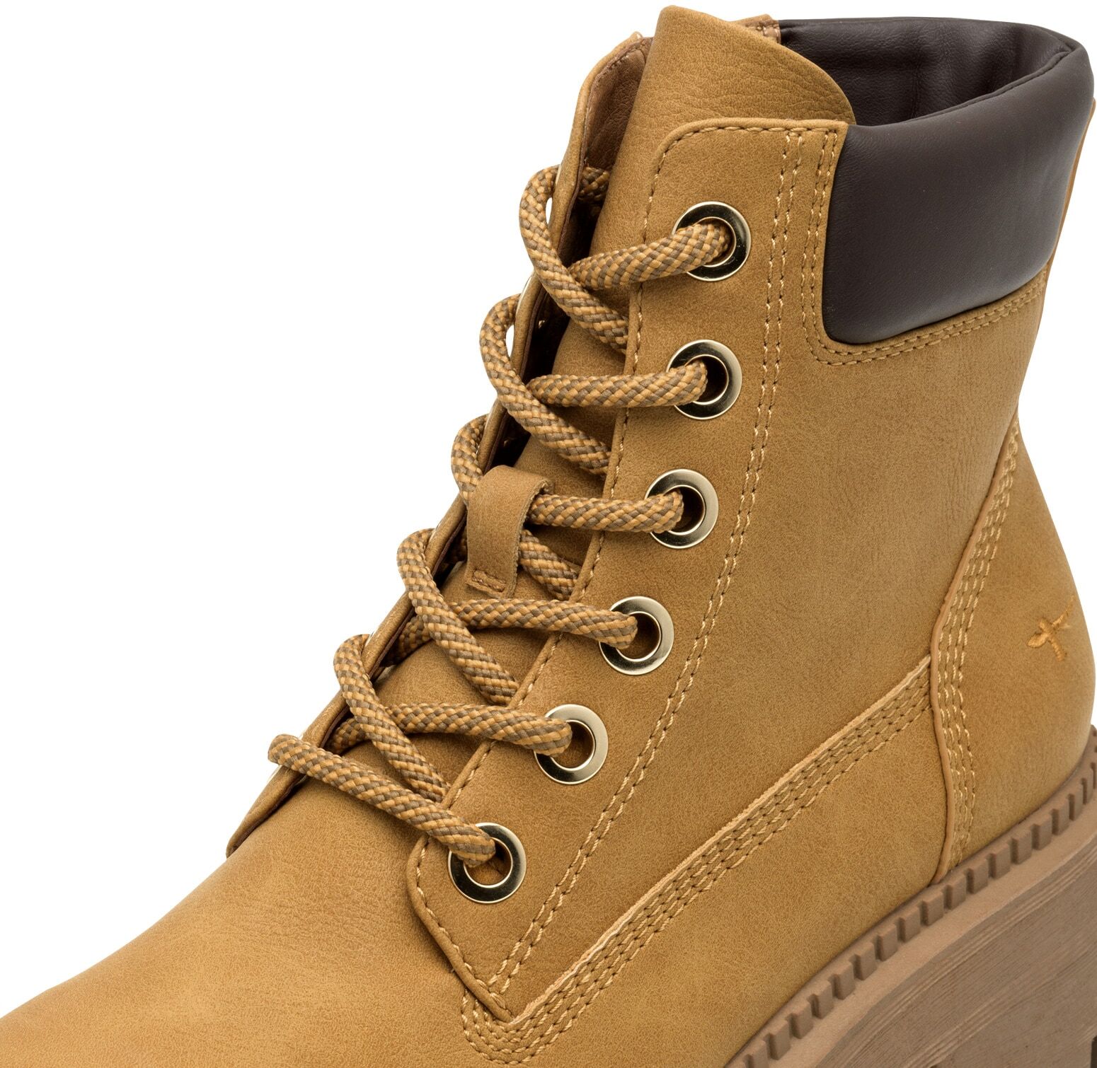 Schnürboots TAMARIS, Damen, Gr. 36, Synthetik Textil, camelfarben, Lederimitat, unifarben mit Farbeinsatz, Schuhe Schnürboots, Blockabsatz, Schnürstiefelette mit glänzenden Strasssteinen besetzt