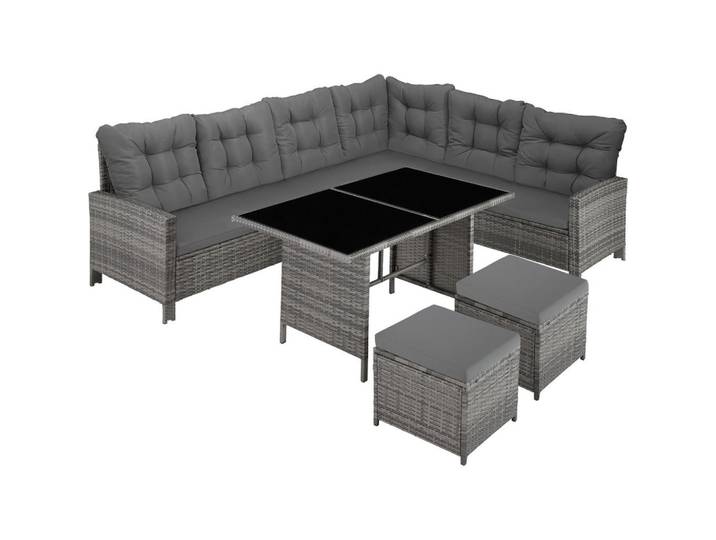 tectake Rattanlounge Barletta, mit Sicherheitsglasplatten, grau-meliert/grau, Grau, Kunststoff, Organisch, Gartenmöbel, Gartengarnituren, Gartenmöbel-Sets