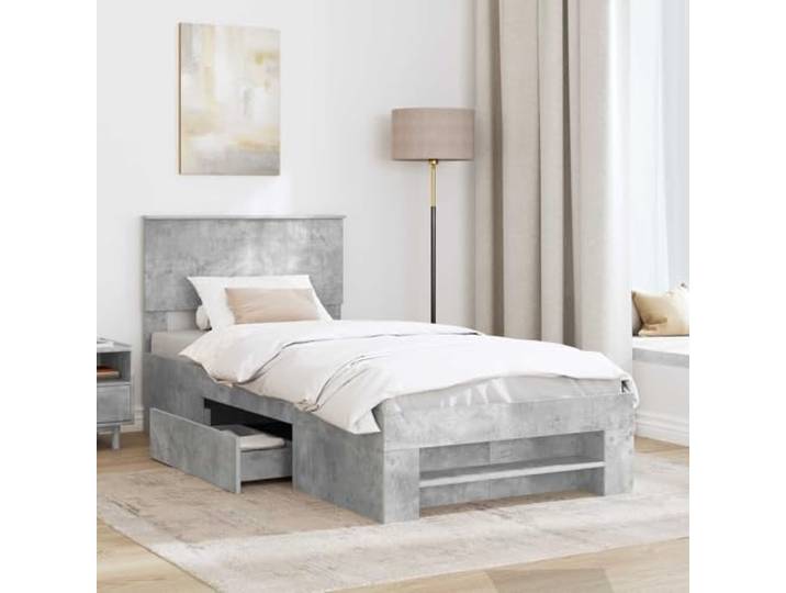 KTHLBRH Bettgestell mit Kopfteil, Zementgrau, 100 x 200 cm Technisches Holz, rechteckiges Design, Leseständer, stabil