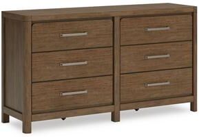 Benjara Cabal 6 Drawer Wide Dresser, Aged Pewter Handles, Glazed Light Brown