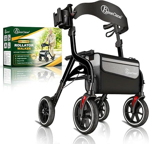 Rollatoren Outdoor, Rollator Faltbar und Leicht mit Sitz, Aufstehhilfe, Gehhilfe für Senioren, Leicht Klappbar, Höhenverstellbar, Reiserollator mit Sitzfläche, Rückengurt, Tasche, Gehwagen