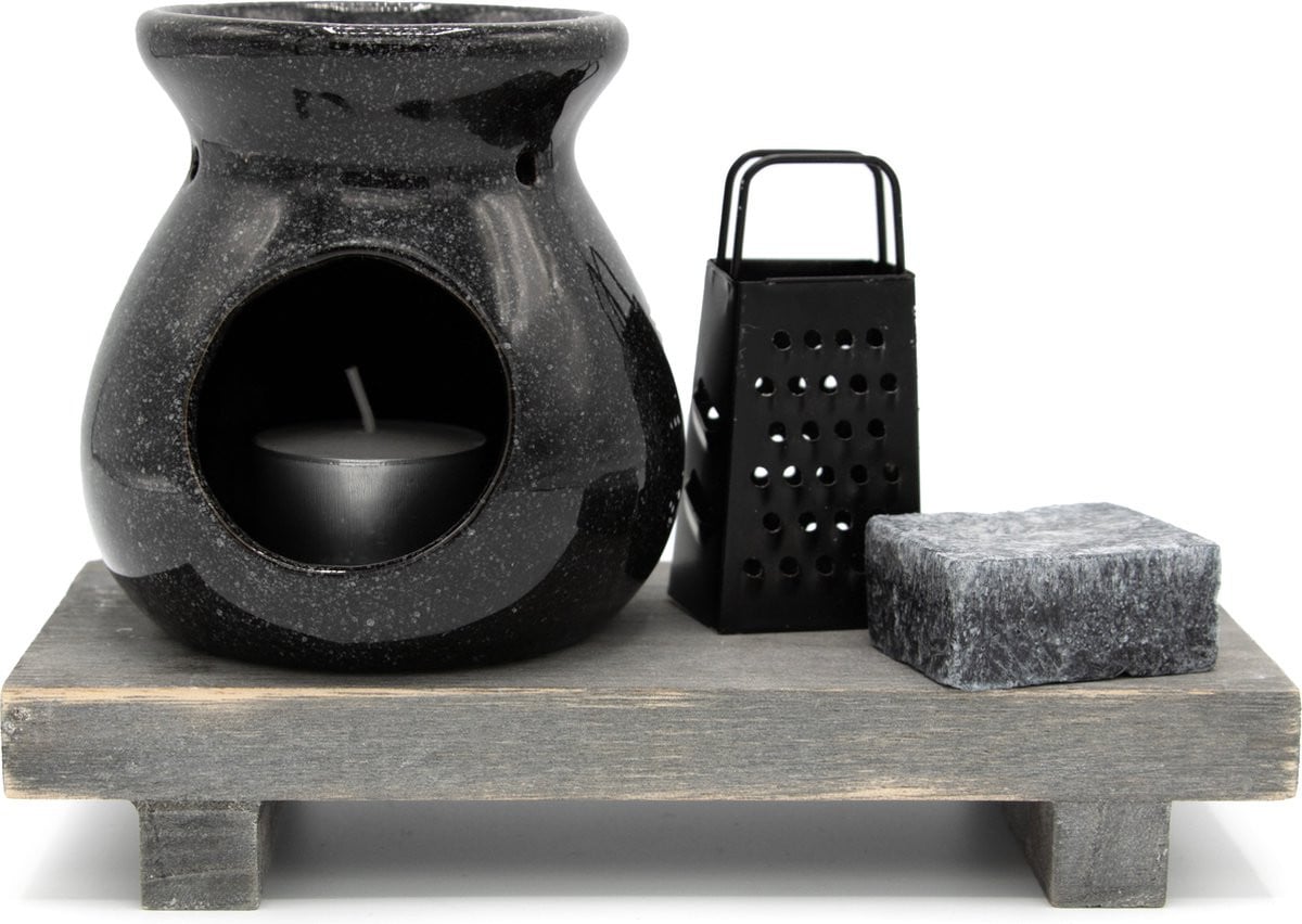 Comforder Amberblokjes Cadeauset met Black Musk Geurblokje, Brander, Waxinelichtje, Schaaltje en Rasp