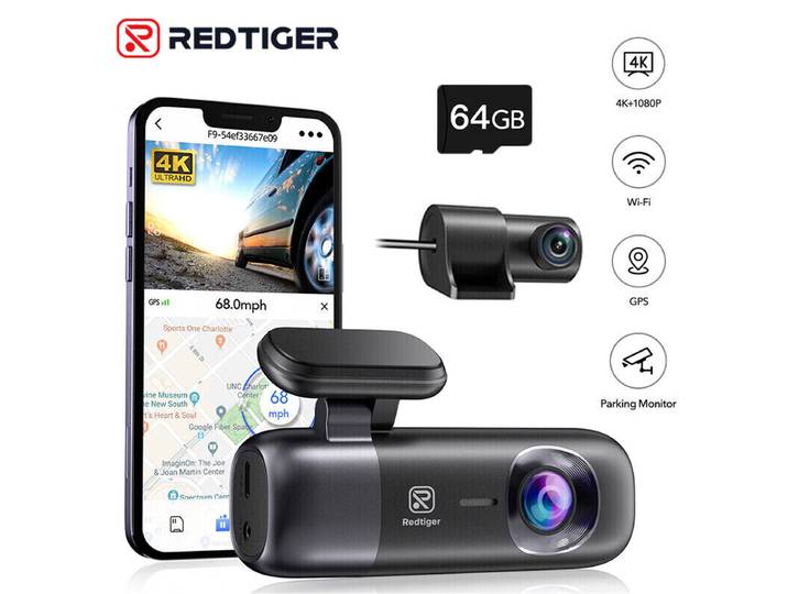 REDTIGER dashcam, 4K-voorcamera en 1080P-achtercamera, met wifi &amp; GPS, app-bediening, nachtzicht, gratis 32GB-kaart