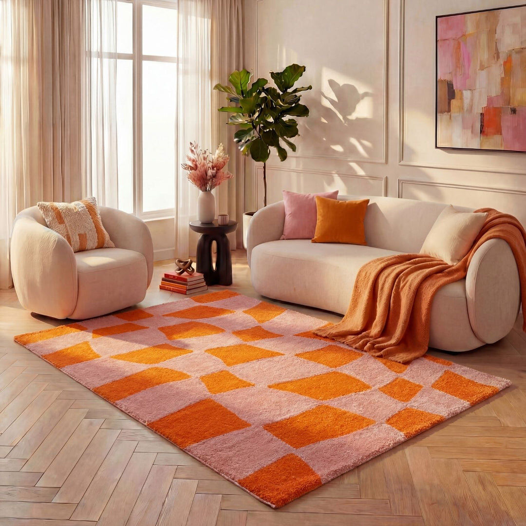 THE RUGS Joli Chequered Area Rug Soft Dense Pile for Living Rooms and Bedrooms Orange/Pink Rectangle 160 x 230 cm