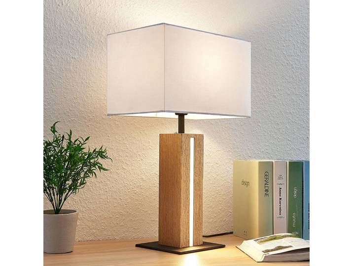 Garry Square Tafellamp White/Wood - Lindby - Woonkamer - Modern - Stof - Met lampenkap