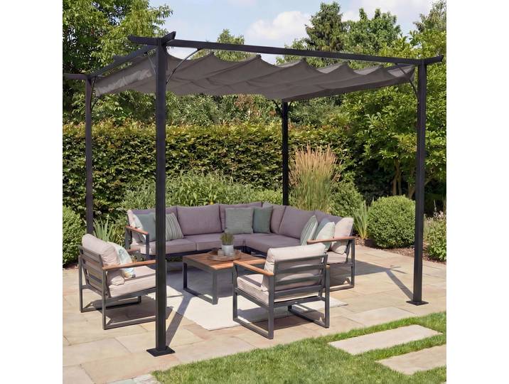 Pergola HWC-C42, Garten Pavillon, stabiles 6cm-Gestell + Schiebedach 3x3m grau