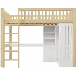 MODFU Hochbett Kiefernholz Natur 205x151x180 cm mit Schreibtisch, Kleiderschrank und 3 Schubladen