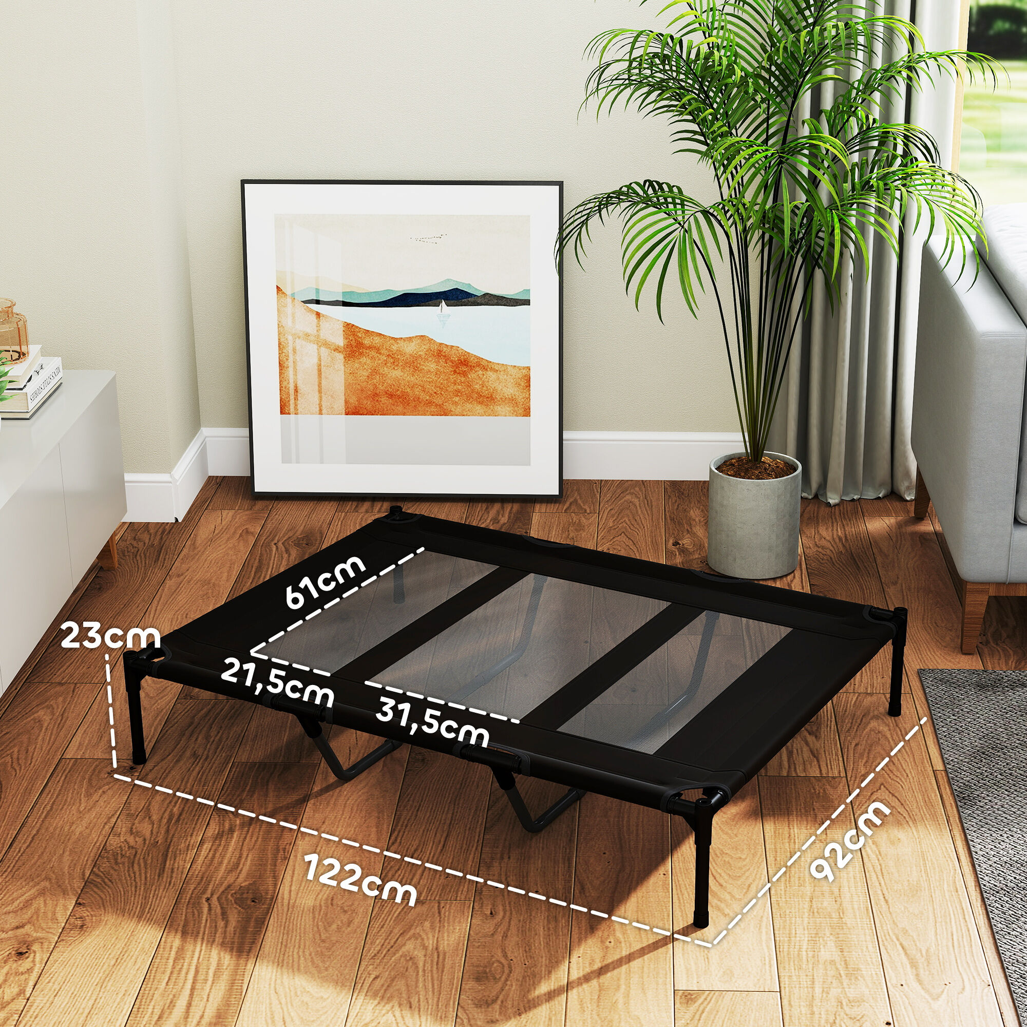 Altro Lettino Per Cani Rialzato Con Borsa Da Viaggio, In Metallo E Tessuto Oxford, 122x92x23 Cm, Nero