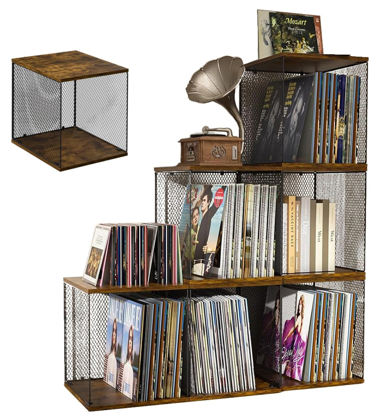 Stapelbare vinyl platenbak voor 12 inch platen, natuurlijk hout, geschikt voor 40 tot 55 platen