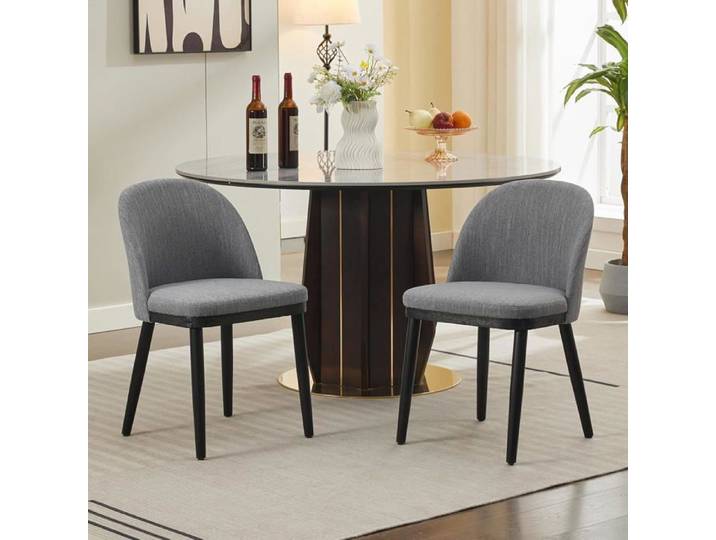 Chaise de cuisine rembourrée lin coussins épais siège dossier incurvé pieds réglables chaise d'appoint moderne gris