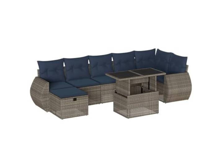 PUGYNBK Garten-Sofa-Set, 8-teilig, Polyrattan, Grau, Kissen Verstellbarer Tisch, Tischplatte aus gehärtetem Glas, abnehmbare waschbare Bezüge, modulares Design