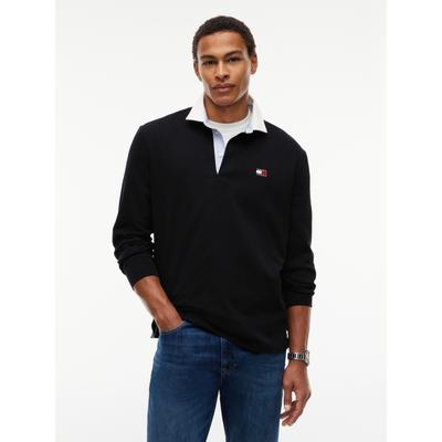 Langarm-Poloshirt TOMMY JEANS "TJM RLX ESS BADGE RUGBY EXT", Herren, Gr. 3XL, schwarz, Jersey, Obermaterial: 100% Baumwolle, relaxed fit normal, Shirts, Relaxed Fit Rugby-Shirt