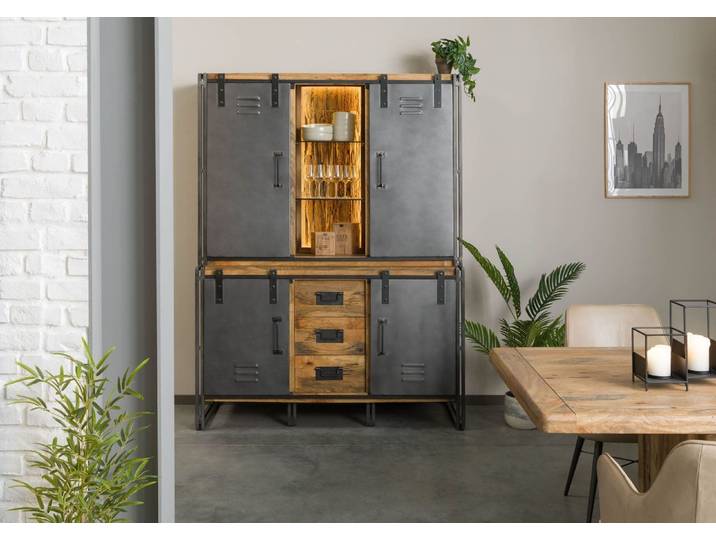 Buffet Mango / Altholz 150x55x200 natur / grau lackiert / Metall grau BLACKBURN LUX #406