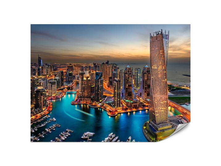 Muralo Fototapete für Büro Hochhäuser Dubai Marina Hafen Lichter Modern 400x280, Rot, Violett, Türkis, Gelb, Orange, Braun, Beige, Grau, Papier, Stadtarchitektur, Rechteckig, 400x280 cm, Tapeten & Wandverkleidungen, Fototapeten