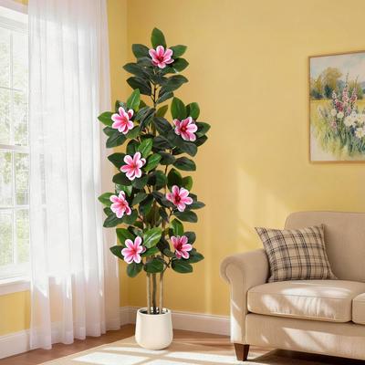 Garvee 6 Inch Artificial Magnolia Tree with Pot, Faux Flower Tree with White Magnolia Blooms and Green Leaves