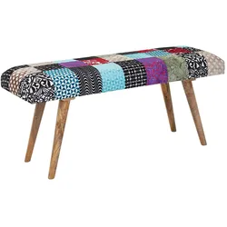 WOHNLING WL6.477 Sitzbank Samt / Massivholz 117x51x38 cm Bunt Patchwork