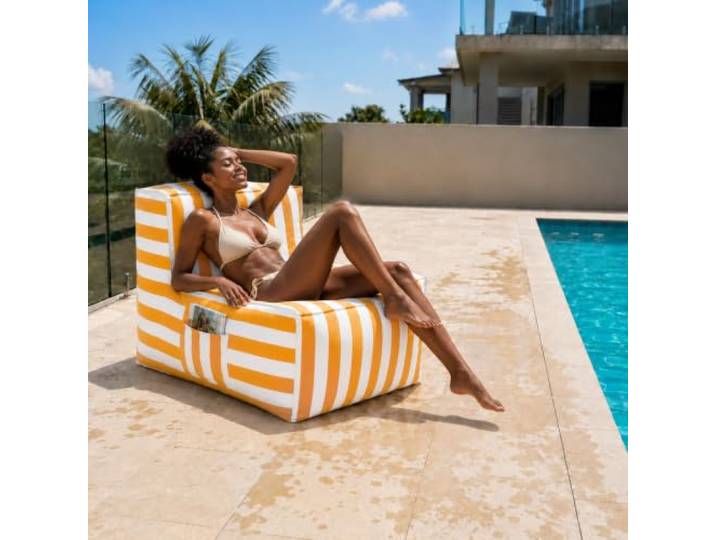 Muffo Soft Outdoor Sitzsack mit Rückenlehne Garten Terrasse Gelb Loungesessel, Schaumstoffgranulat, Seitentasche, Tragegriff, wasserabweisend, UV-beständig, Streifen, Polyester